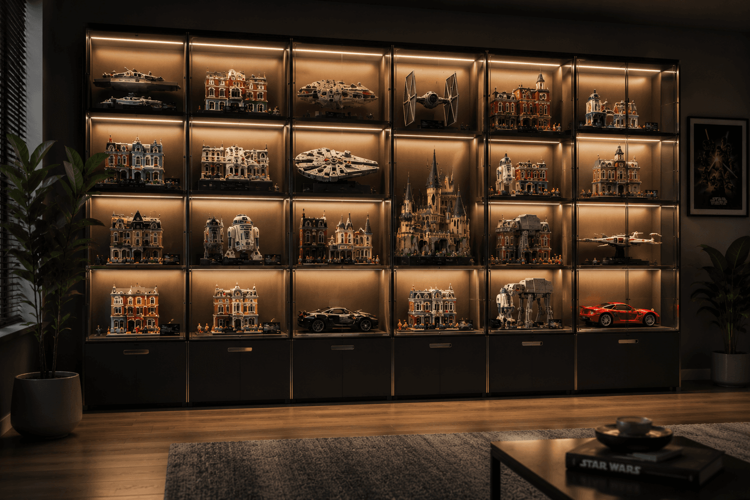 MODULIB illuminated modular display wall with organized LEGO collection